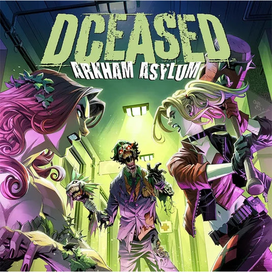 DCeased: Arkham Asylum Board Game Expansion - Front of box featuring art of Harley Quinn and Poison Ivy fighting a zombie Joker in Arkham Asylum. 