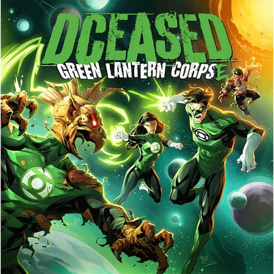 DCeased: Green Lantern Corpse Board Game Expansion - Front of box with art of Green Lantern fighting zombies in space. 