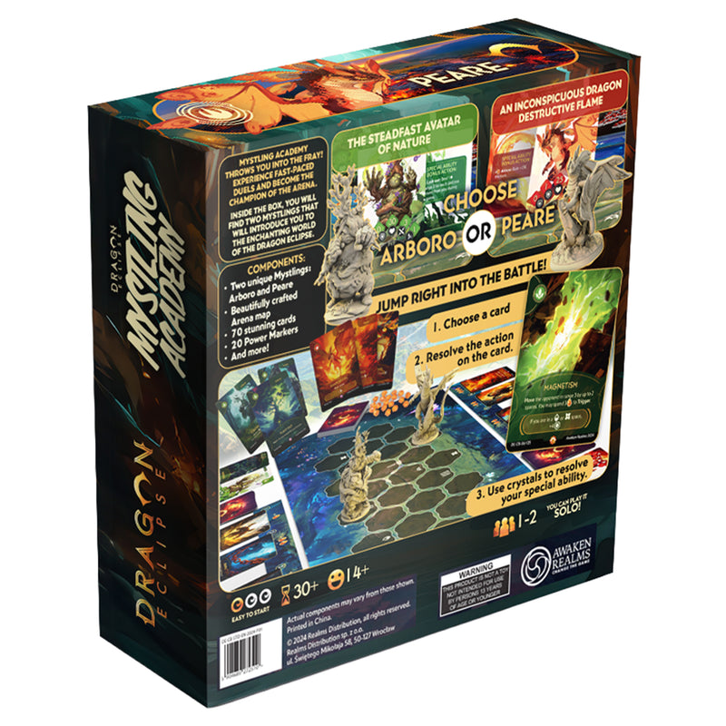 Load image into Gallery viewer, Dragon Eclipse - Mystling Academy - Peare vs Arboro - back of box with overview and images of game components.
