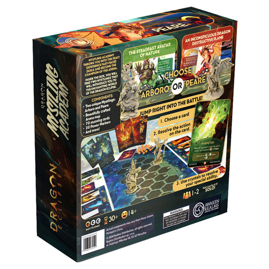 Dragon Eclipse - Mystling Academy - Peare vs Arboro - back of box with overview and images of game components.