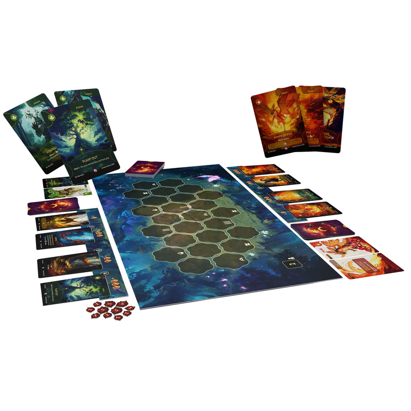 Load image into Gallery viewer, Dragon Eclipse - Mystling Academy - Peare vs Arboro - sample game components shown including game board, tokens, and player cards. 
