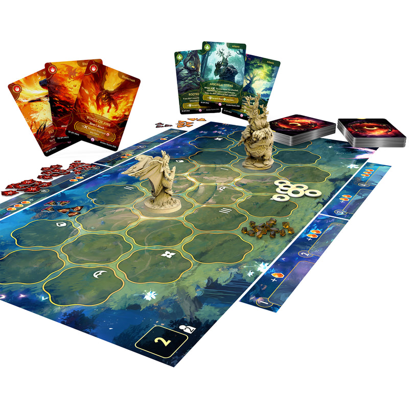 Load image into Gallery viewer, Dragon Eclipse - Mystling Academy - Peare vs Arboro - sample game components shown including game board, tokens, and Peare &amp; Arboro miniatures. 
