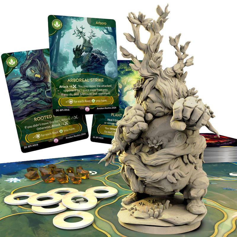 Load image into Gallery viewer, Dragon Eclipse - Mystling Academy - Peare vs Arboro - Arboro miniature and sample Arboro cards displayed. 
