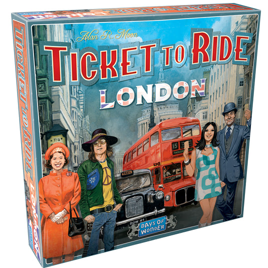 Ticket to Ride: London Board Game - front of box featuring art of 1970s London