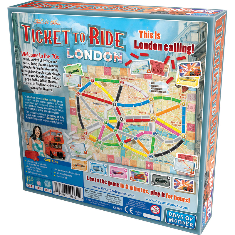 Load image into Gallery viewer, Ticket to Ride: London Board Game - back of box with game overview and images of game components.
