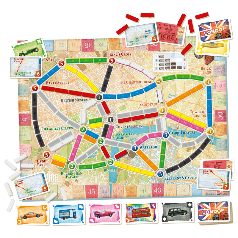 Load image into Gallery viewer, Ticket to Ride: London Board Game - contents displayed including map of London game board, train cards, and route cards.
