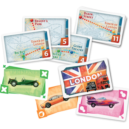 Ticket to Ride: London Board Game - sample game cards including route cards and transit cards.