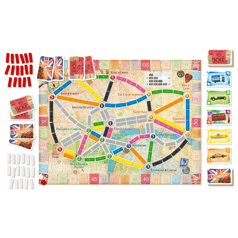 Load image into Gallery viewer, Ticket to Ride: London Board Game - contents displayed including map of London game board, train cards, and route cards.

