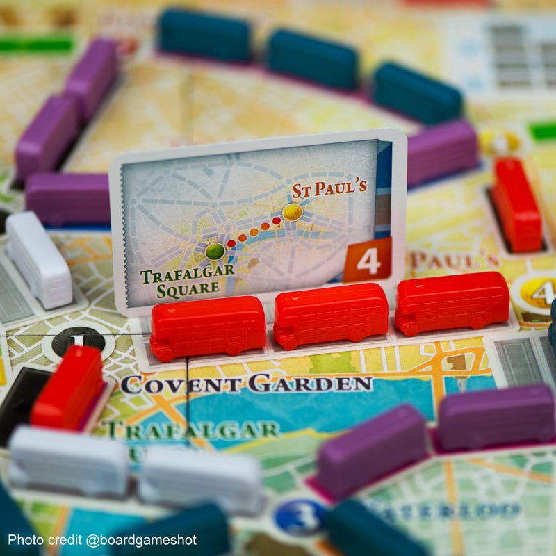 Load image into Gallery viewer, Ticket to Ride: London Board Game - close up of game board showing bus meeples, and route card.
