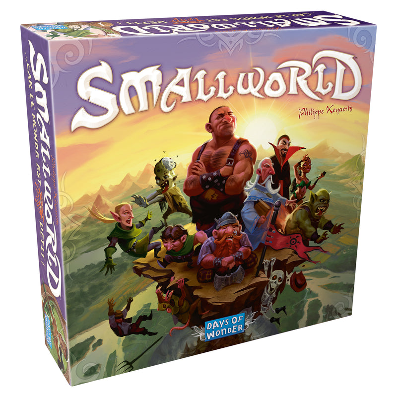 Load image into Gallery viewer, Small World Board Game - Front of box featuring art of Small World characters with mountains in the background. 
