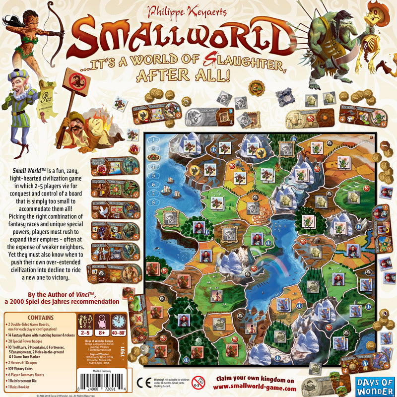 Load image into Gallery viewer, Small World Board Game - Back of box with overview, contents list, and images of game board and tokens. Box indicates it is for ages 8+ and 2 to 5 players. 
