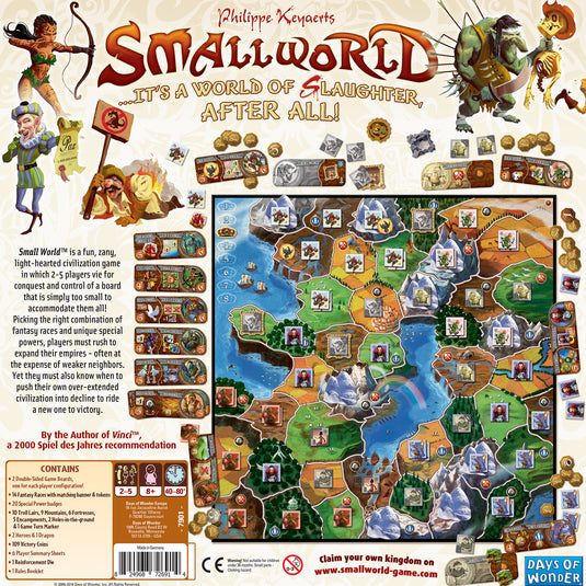 Small World Board Game - Back of box with overview, contents list, and images of game board and tokens. Box indicates it is for ages 8+ and 2 to 5 players. 