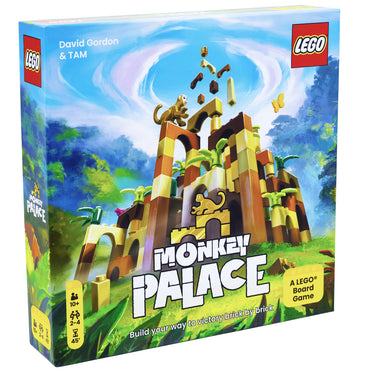 Monkey Palace Board Game front of box with image of lego tower and monkeys. 