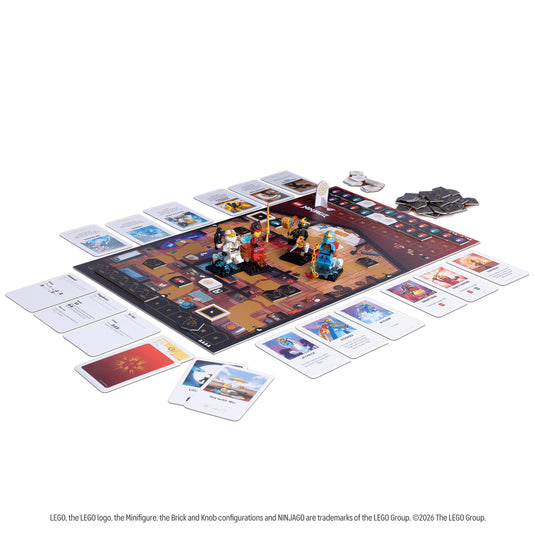 LEGO Ninjago Destiny's Bounty Adventures Board Game - setup game displayed including game board, LEGO ninjas, game cards, and tokens. 