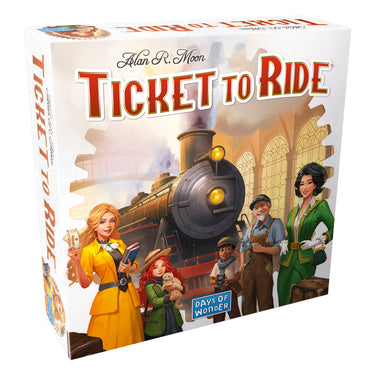 Ticket to Ride Refresh board game front of box with art of train at train station.