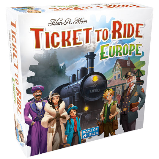 Ticket to Ride: Europe Board Game - view of front of box featuring art of train station.
