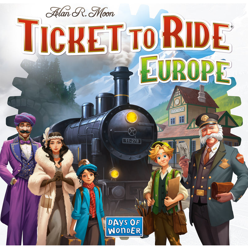 Load image into Gallery viewer, Ticket to Ride: Europe Board Game - view of front of box featuring art of train station.
