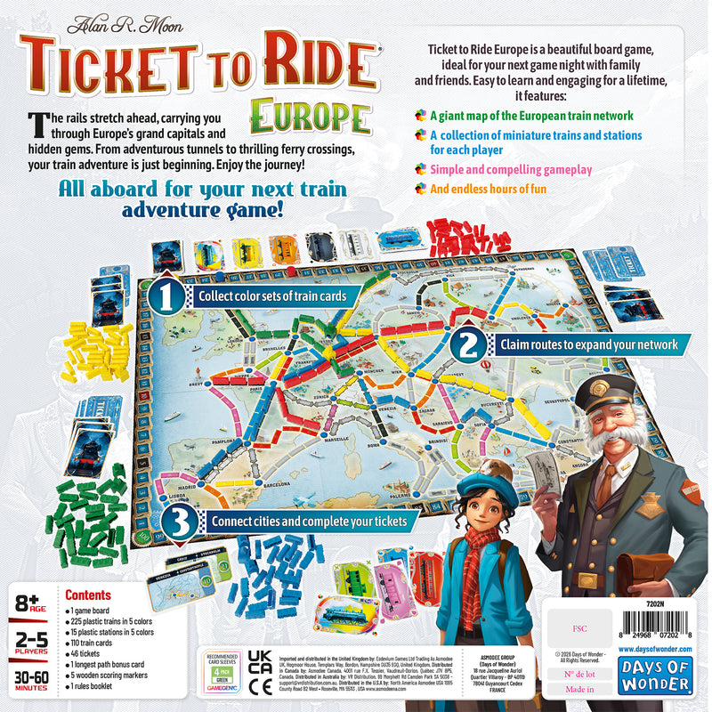 Load image into Gallery viewer, Ticket to Ride: Europe Board Game - view of back of box with overview, contents list, and images of components. Box indicates it is for ages 8+ and 2 to 5 players.
