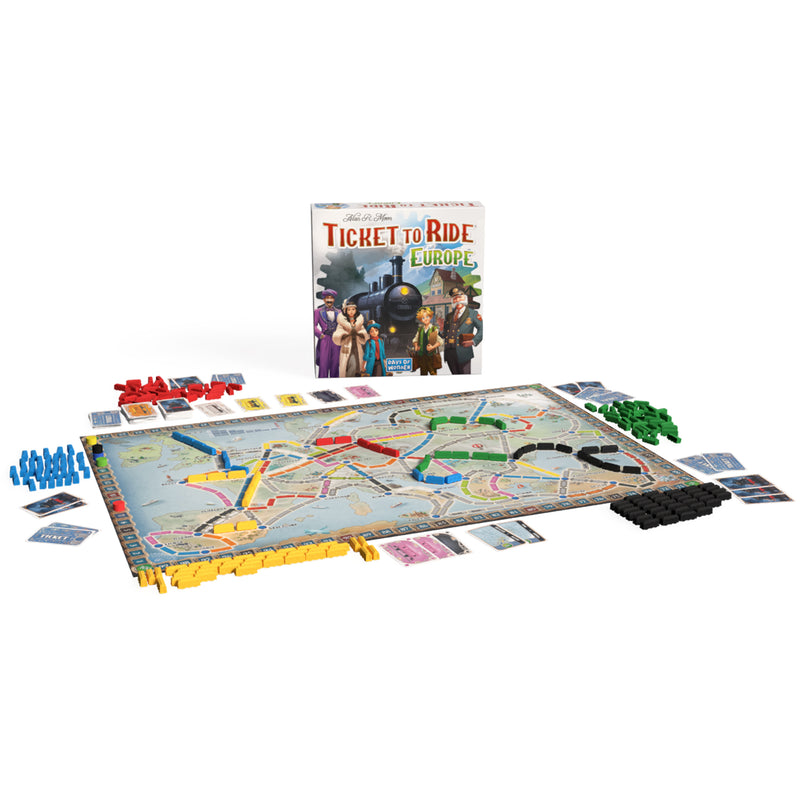 Load image into Gallery viewer, Ticket to Ride: Europe Board Game - box and setup game displayed including game board with map of Europe, train tokens in a variety of colors, and game cards.
