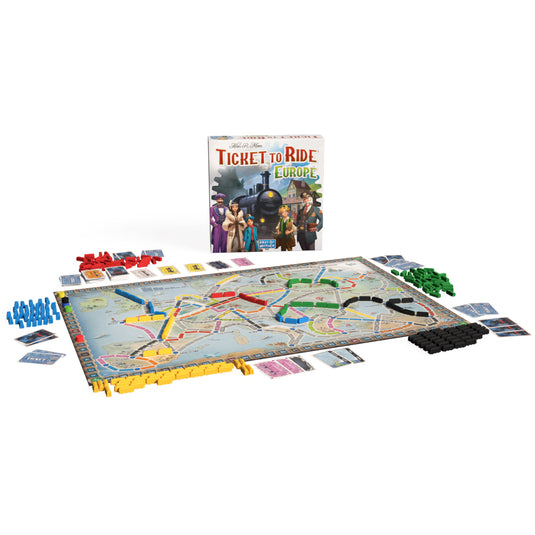 Ticket to Ride: Europe Board Game - box and setup game displayed including game board with map of Europe, train tokens in a variety of colors, and game cards.