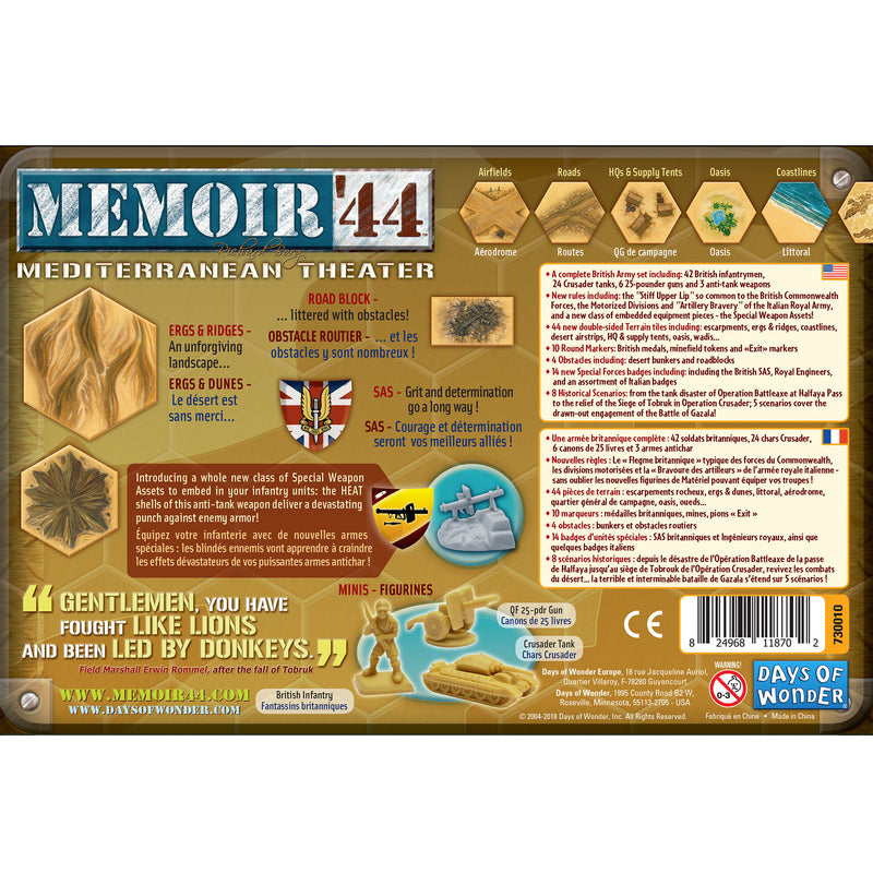 Load image into Gallery viewer, Memoir '44: Mediterranean Theater Board Game Expansion - back of box with game overview in English and French.
