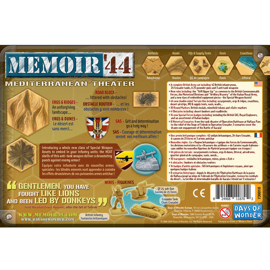 Memoir '44: Mediterranean Theater Board Game Expansion - back of box with game overview in English and French.
