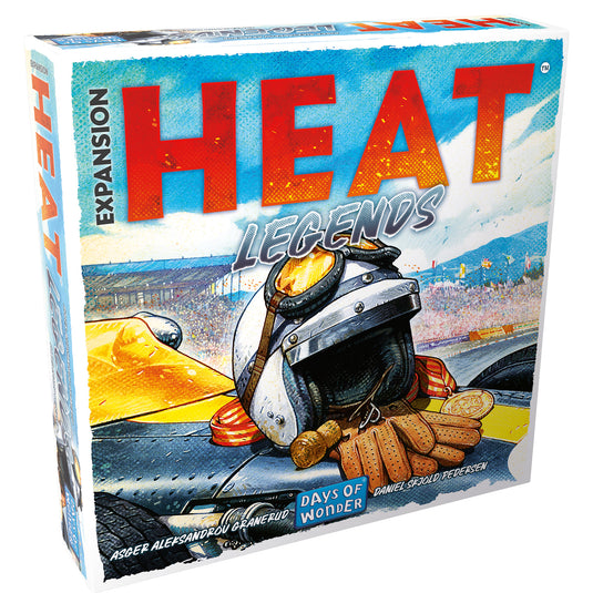 Heat: Legends Board Game Expansion - front of box featuring illustration of a race car with a racing helmet gloves and medal on top.