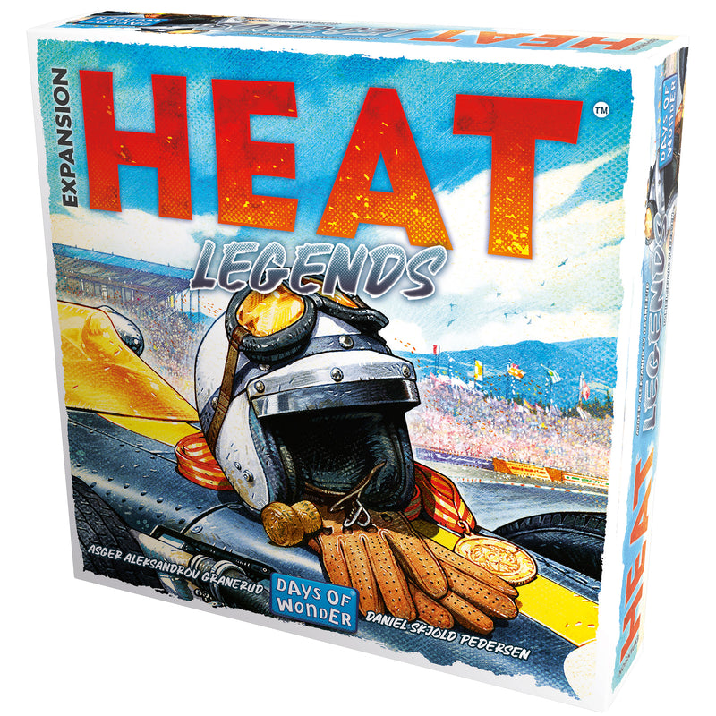 Load image into Gallery viewer, Heat: Legends Board Game Expansion - front of box featuring illustration of a race car with a racing helmet gloves and medal on top.
