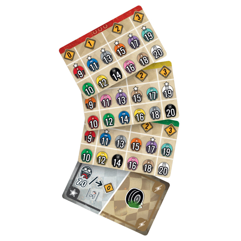 Load image into Gallery viewer, Heat: Legends Board Game Expansion - view of sample cards with different helmet colors and number values shown.
