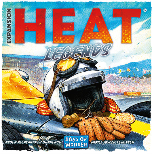 Heat: Legends Board Game Expansion - front of box featuring illustration of a race car with a racing helmet gloves and medal on top.