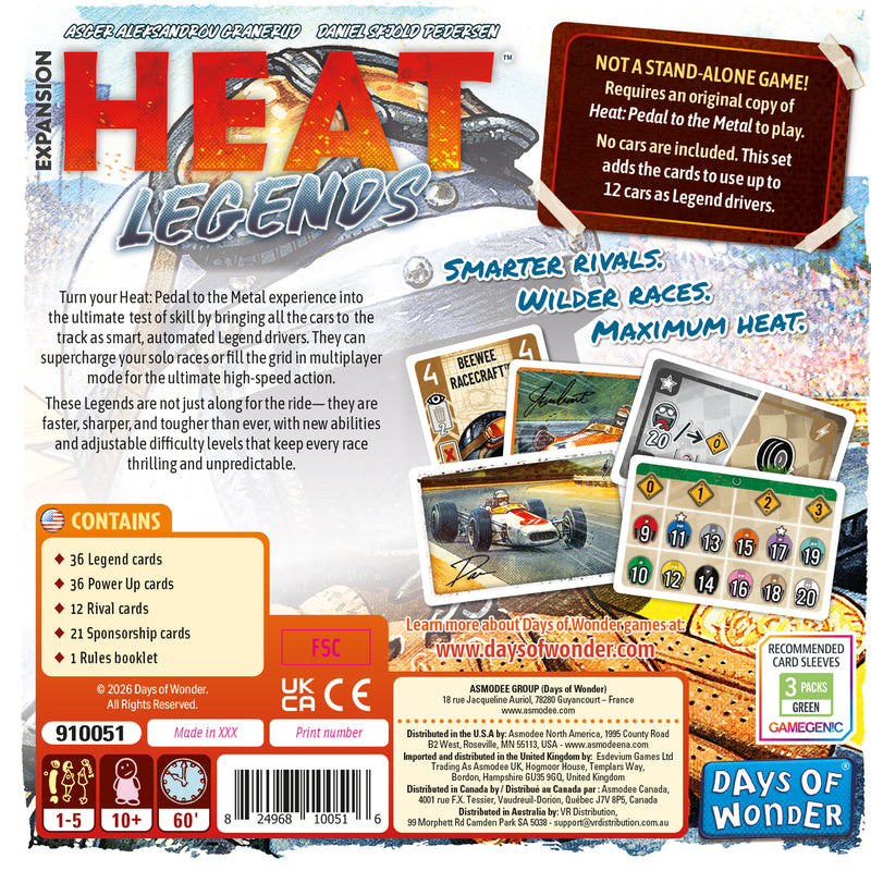 Load image into Gallery viewer, Heat: Legends Board Game Expansion - back of box with overview, contents list, and images of components. Box indicates it is for ages 10+ and 1 to 5 players.
