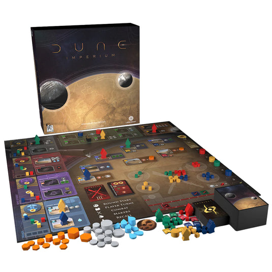 Dune: Imperium Board Game - box and game contents displayed including game board, meeples, tokens, and card deck.