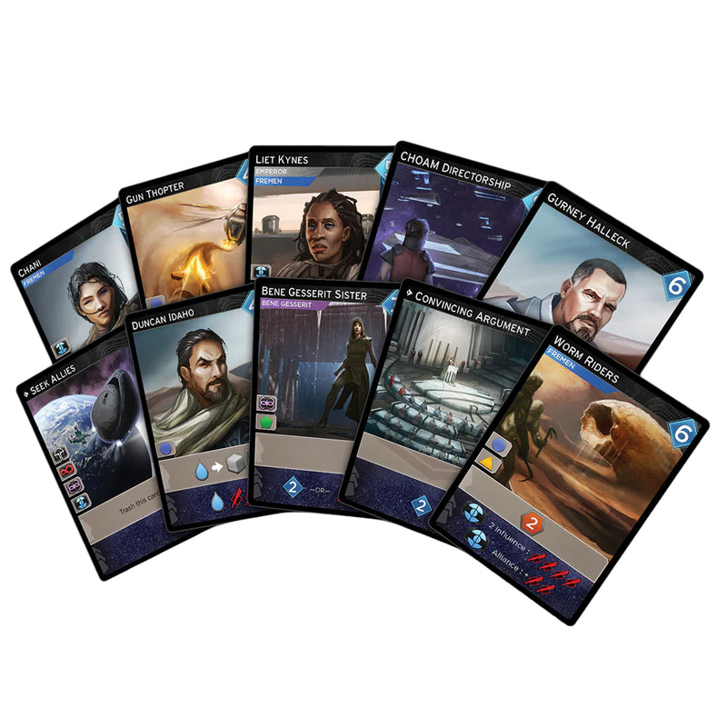 Load image into Gallery viewer, Dune: Imperium Board Game - sample cards shown with different number values, factions, and abilities listed.
