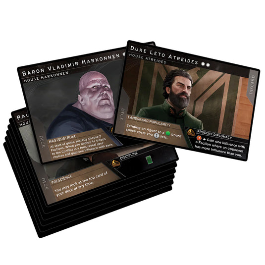 Dune: Imperium Board Game - sample cards shown including Duke Leto Atreides and Baron Vladimir Harkonnen.