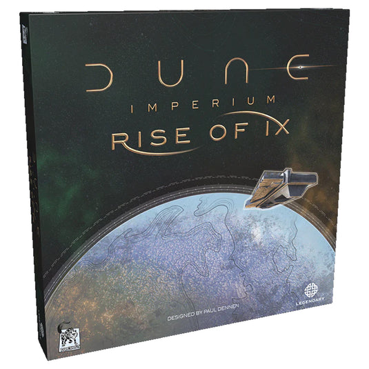 Dune: Imperium - Rise of Ix Expansion - front of box featuring art of planet and space ship.