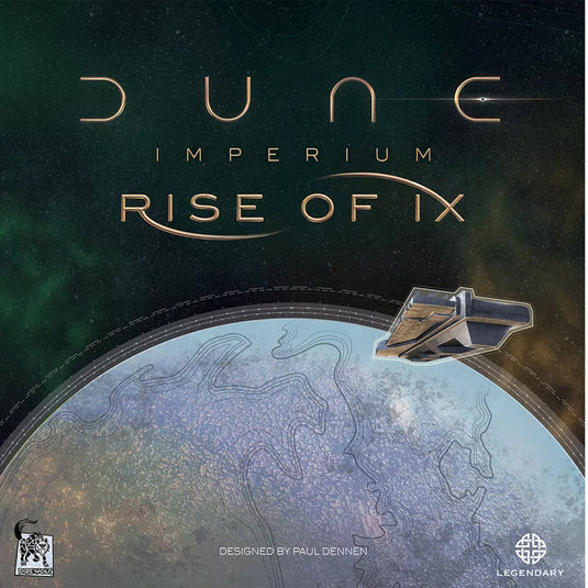 Dune: Imperium - Rise of Ix Expansion - front of box featuring art of planet and space ship.