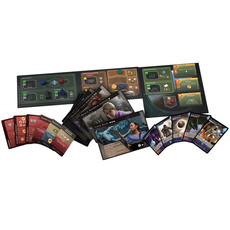 Load image into Gallery viewer, Dune: Imperium - Rise of Ix Expansion - sample components displayed including game board, tokens, character cards, and combat cards.
