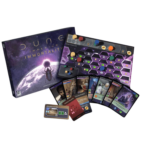 Dune: Imperium - Immortality Expansion - box and game components displayed including game board, tokens, and game cards.