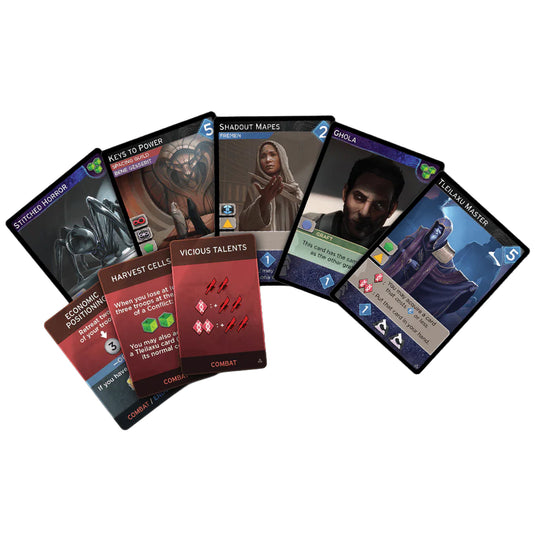 Dune: Imperium - Immortality Expansion - sample cards shown including combat cards, and cards with different factions and abilities. 