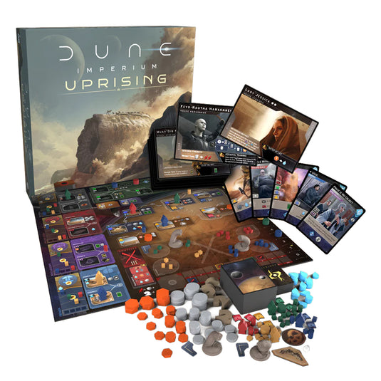 Dune: Imperium - Uprising Expansion - box and game components displayed including game boards, meeples, tokens, and game cards.