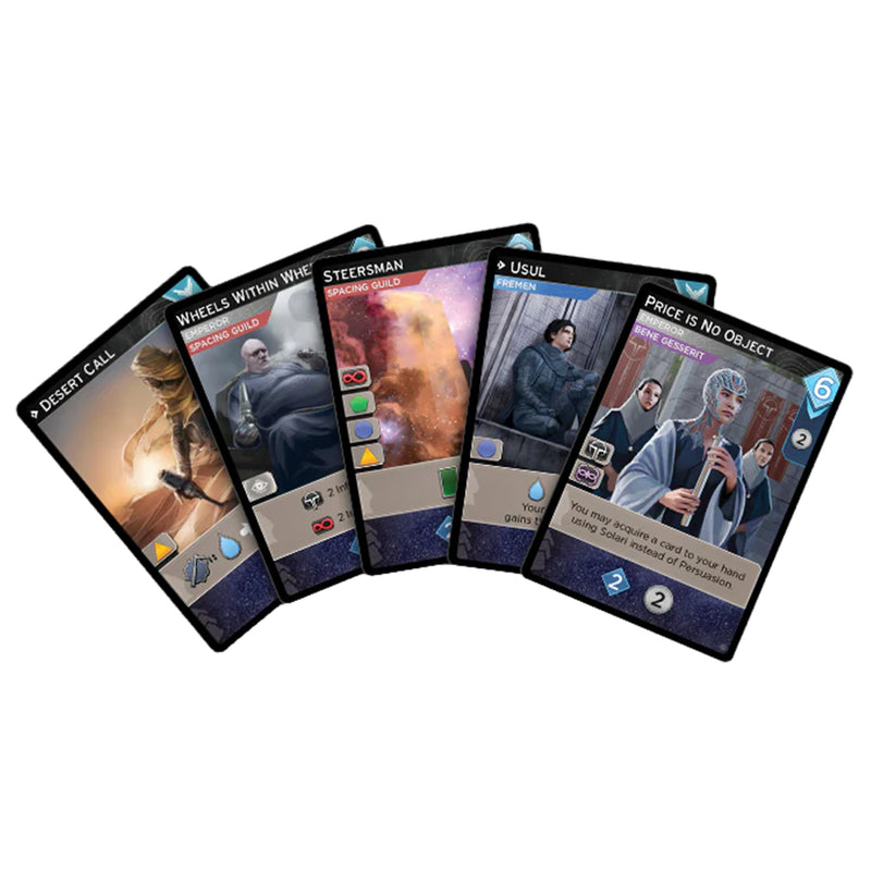 Load image into Gallery viewer, Dune: Imperium - Uprising Expansion - sample cards displayed with different factions and point values listed.
