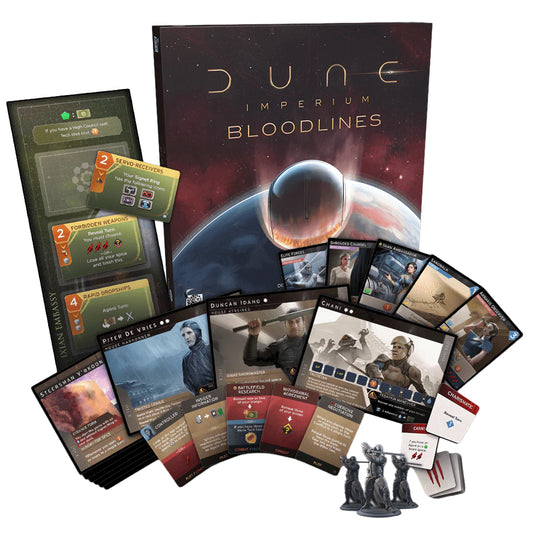 Dune: Imperium - Bloodlines Expansion - box and sample game components displayed including game cards, miniatures, and game board.