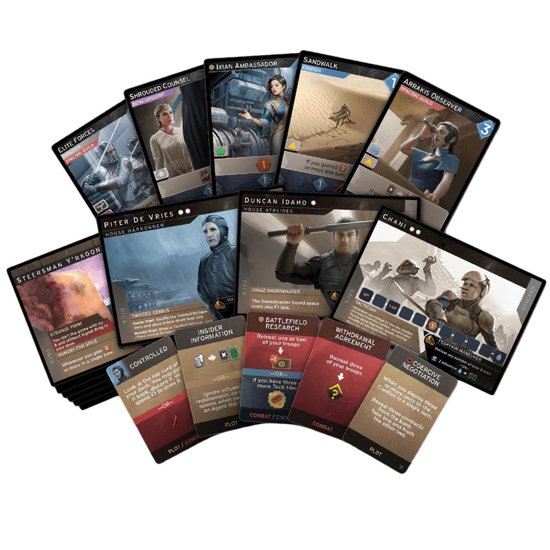 Load image into Gallery viewer, Dune: Imperium - Bloodlines Expansion - sample game cards shown including character cards, combat cards, and plot cards.
