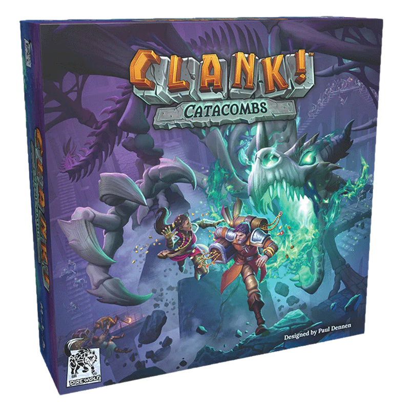 Load image into Gallery viewer, Clank! Catacombs Board Game - front of box featuring art of adventurers and a giant skeleton dragon. 
