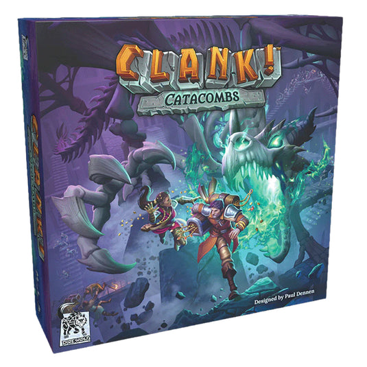 Clank! Catacombs Board Game - front of box featuring art of adventurers and a giant skeleton dragon. 