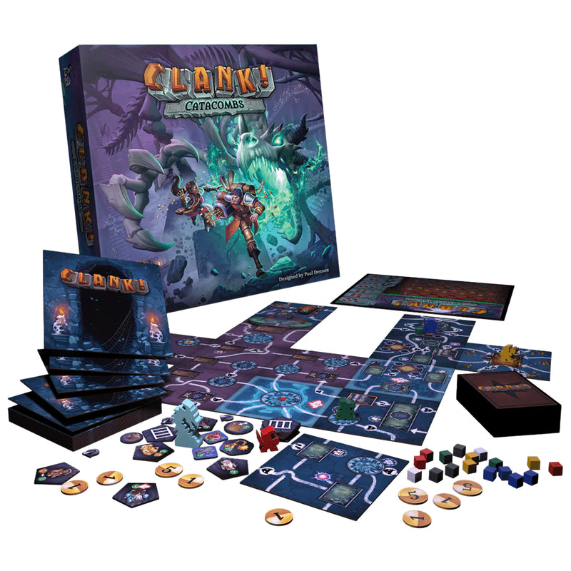 Load image into Gallery viewer, Clank! Catacombs Board Game - box and game components displayed including map tiles, money tokens, cube tokens, and meeples.
