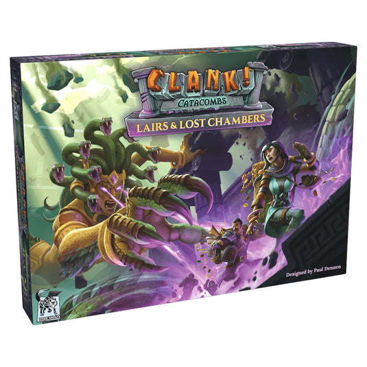 Clank! Catacombs: Lairs and Lost Chambers - front of box featuring art of adventurers and Medusa. 