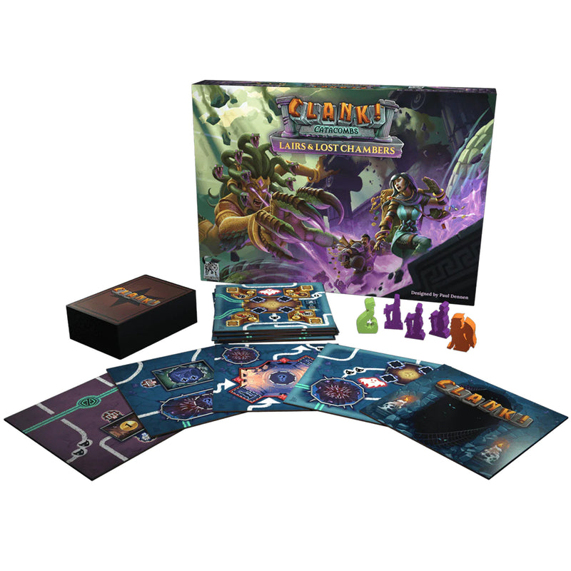 Load image into Gallery viewer, Clank! Catacombs: Lairs and Lost Chambers - box and sample components displayed including meeples, game tiles, and card deck.
