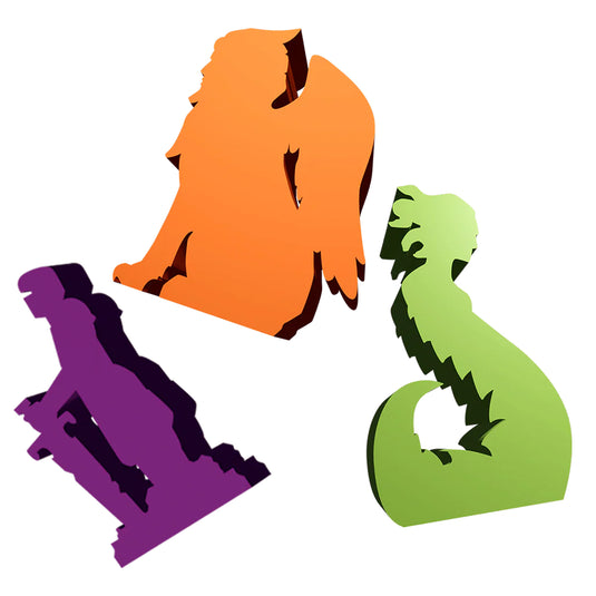 Clank! Catacombs: Lairs and Lost Chambers - monster and character meeples shown in orange purple and green.