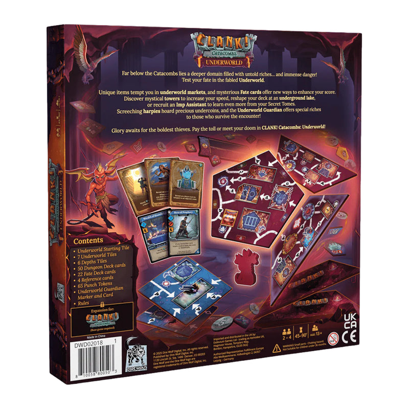 Load image into Gallery viewer, Clank! Catacombs: Underworld - back of box with overview, contents list, and images of game components. 
